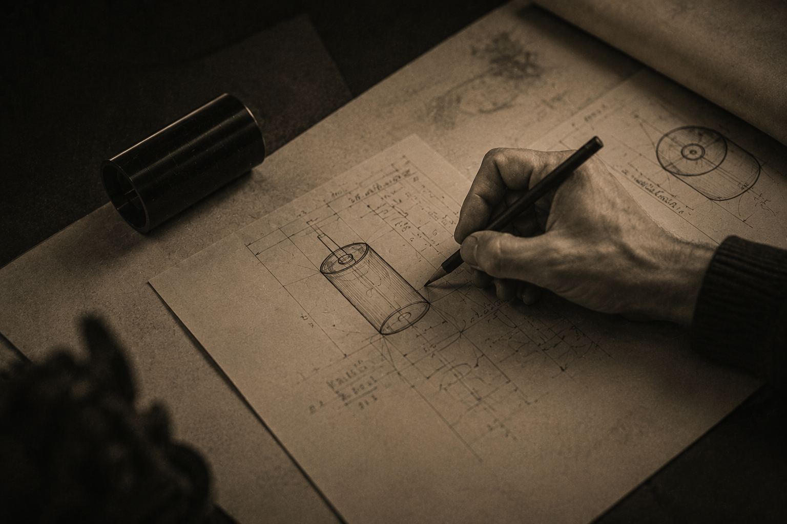 A hand drafting a fixture's optics over technical drawings.