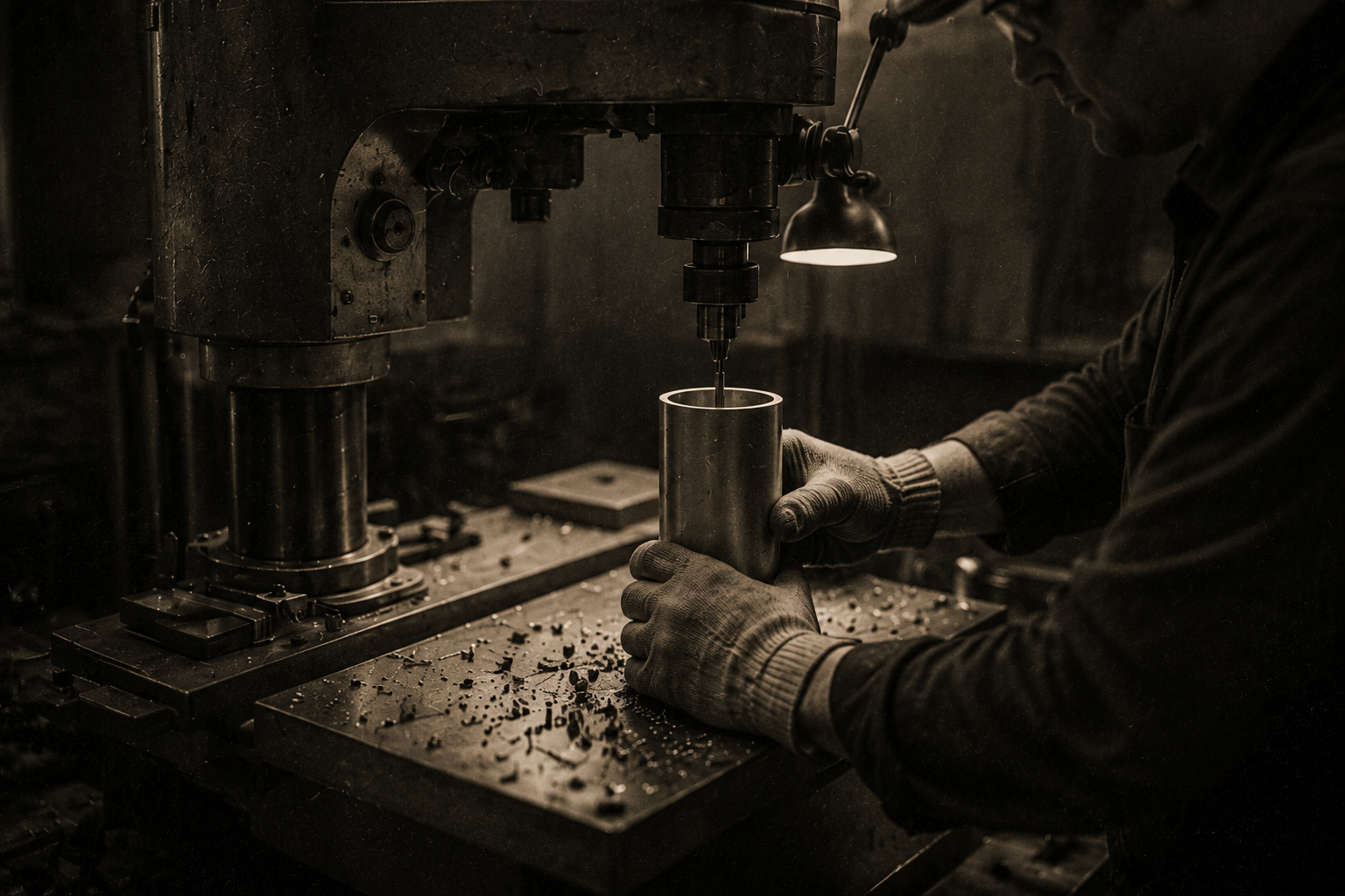Machining a fixture housing under a work lamp in the optics lab.
