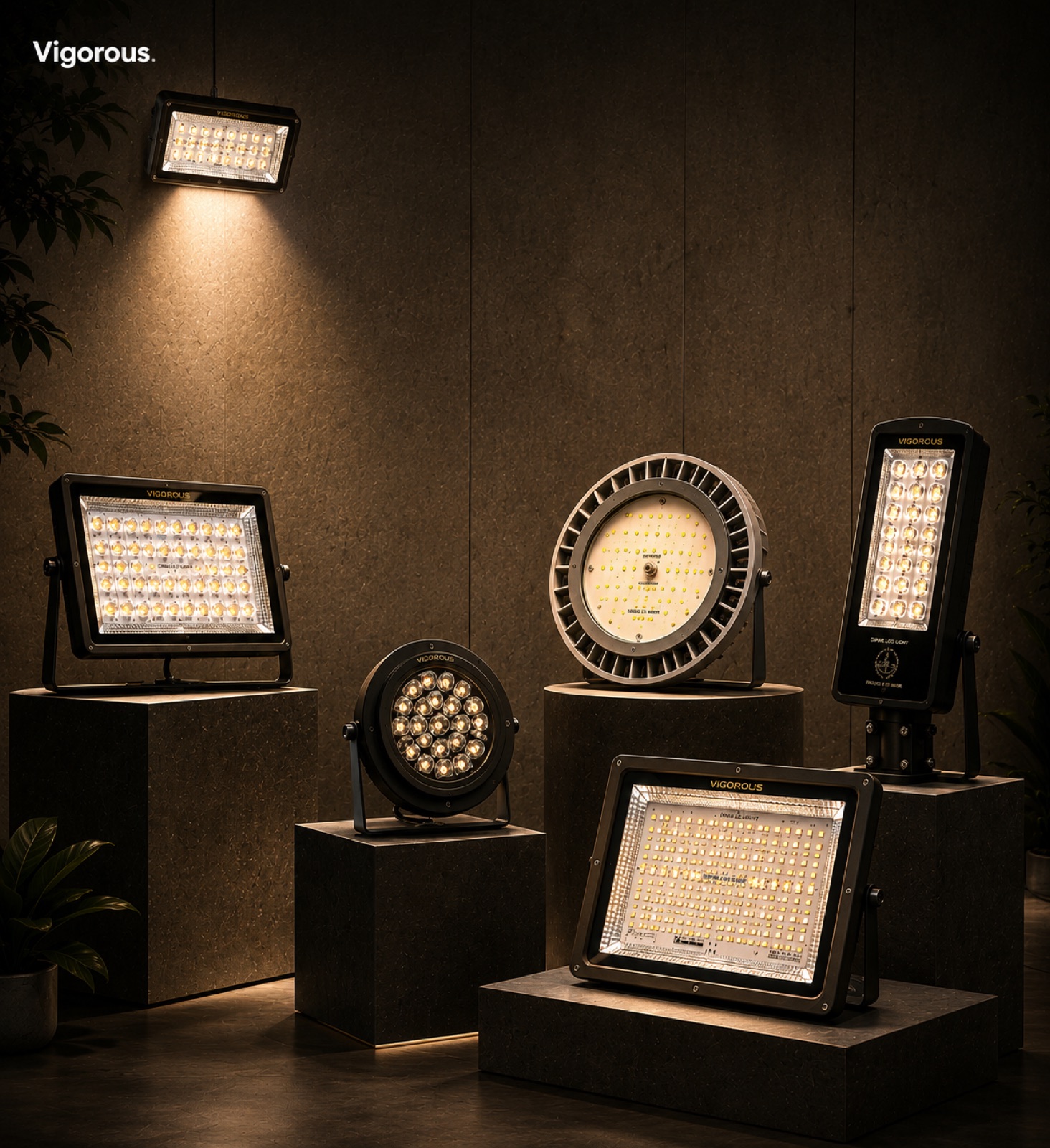 The Vigorous fixture family, floodlights, high-bay and street lights, lit on plinths.